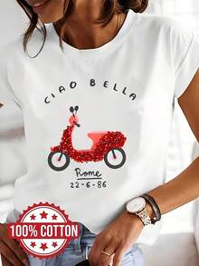 -Ciao Bella Graphic Shirt, 100% Cotton, Short Sleeves And Round Neck, Ideal For Spring And Summer, For Women. - White - View 7