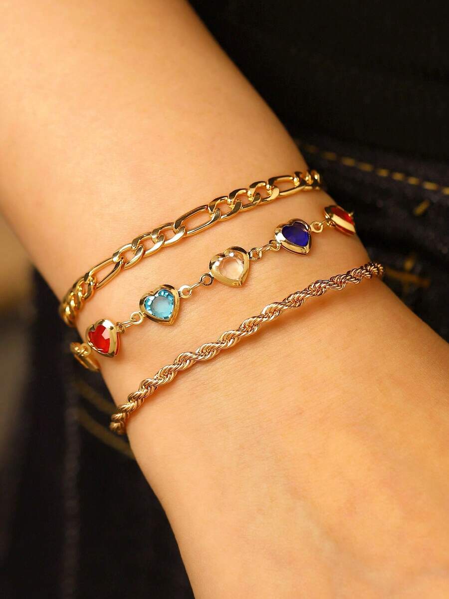 Bộ 3 vòng tay nữ sang trọng, đính đá pha lê màu ngẫu nhiên, kiểu dáng thanh lịch, quý phái. Vòng tay hình trái tim có thể điều chỉnh kích thước, kiểu dây xoắn và dây Figaro, phù hợp cho sử dụng hàng ngày, dự tiệc, hẹn hò, kỳ nghỉ, lễ hội âm nhạc, du lịch biển, làm quà tặng cho bạn bè, gia đình, người yêu, phụ kiện trang sức. Thiết kế độc đáo. - Màu vàng - Xem 1