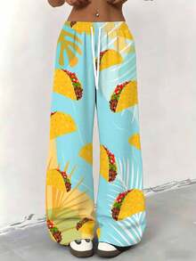Women Straight Leg Wide Leg Pants Taco Print Summer Casual Wear For Leisure And Sports 250g - 彩色 - 查看 4