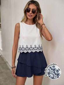 Conjunto dos piezas  verano 2026 para mujer top sin mangas con volante y shorts color rojo ideal para uso diario y salidas casuales - Azul y blanco - Ver 8
