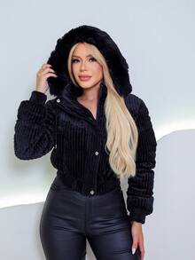 Puffer Jacket In Corduroy With A Faux Fur Lining. - Black - View 1