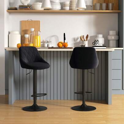 Set Of 2 Black Bistro-Style Bar Stools, Height Adjustable, With Footrest And Backrest, In Velvet And Metal, 46 X 48 X 83-104 Cm