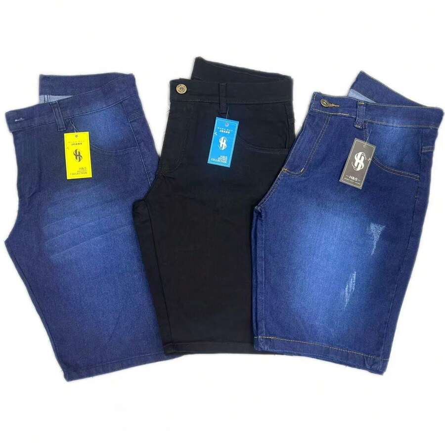 Kit Of 3 Men's Distressed Denim Shorts With Whiskers, Black, Medium Dark & Light, Premium, Various Washes With Elastane - 3 pecas/ Bidode + Preta+Puido - 查看 1