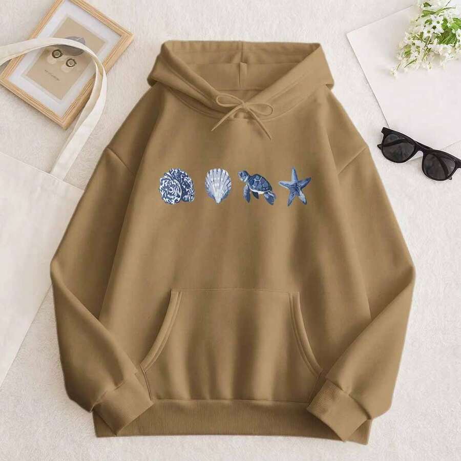Premium Unisex Kangaroo Hoodie With Under The Sea Print, Stars, Shells, And Marine Style. - 米色 - 查看 1
