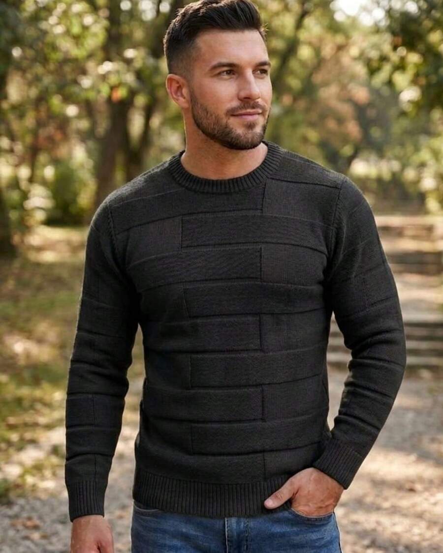 Men's Textured Knit Sweater, Winter Long Sleeve Round Neck Blouse, Modern Knit - màu đen - Xem 1