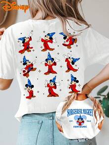 Disney Women's T-Shirt Short-Sleeve Vintage Fantasia Sorcerer Mickey Double-Sided Print Round Neck Summer T-Shirt, Suitable For Spring, Summer, And Autumn, Disney Trip, Fashionable Casual Versatile Vintage Style Top For Daily Commuting - 白色 - 查看 1