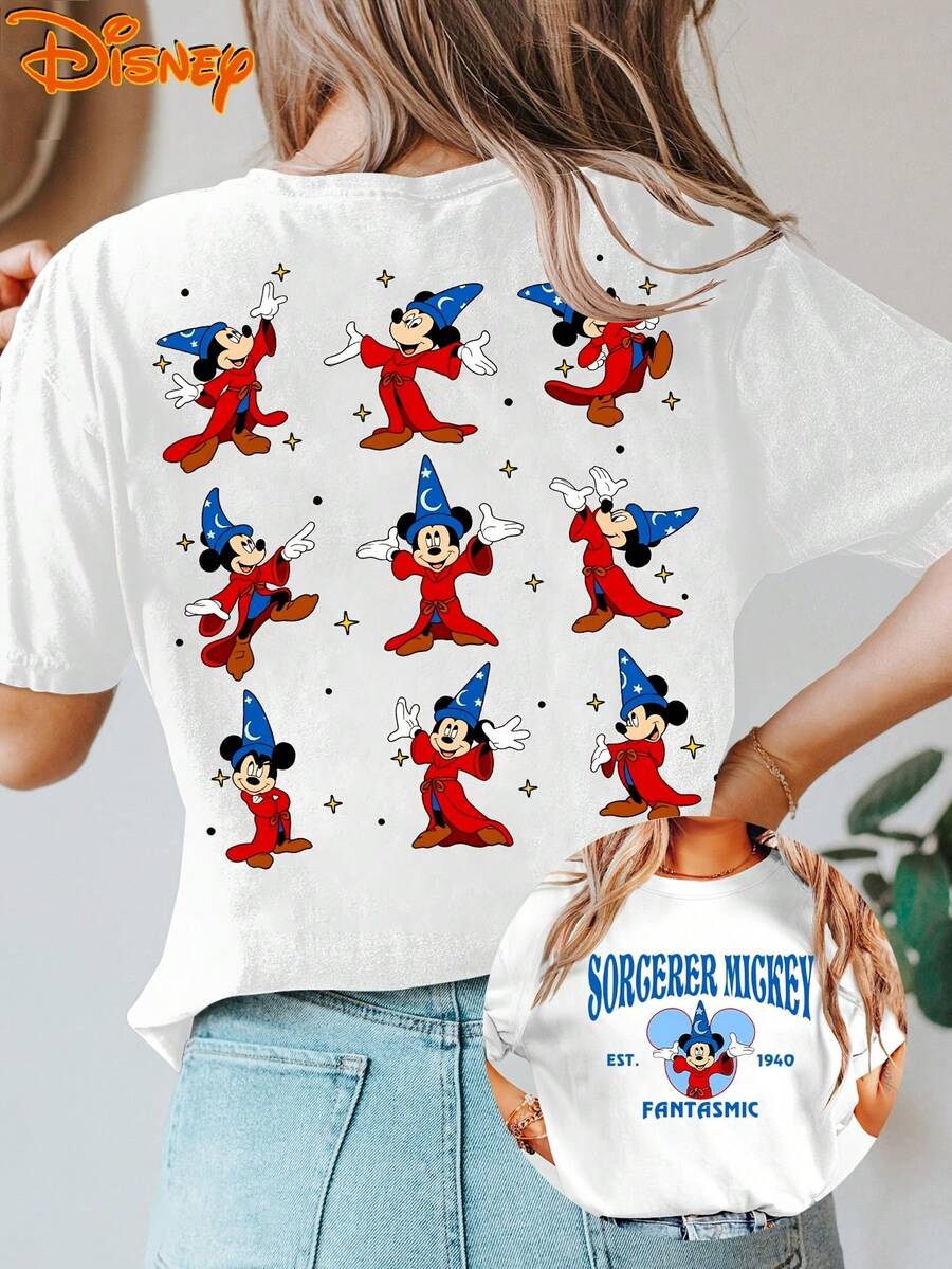 Disney Women's T-Shirt Short-Sleeve Vintage Fantasia Sorcerer Mickey Double-Sided Print Round Neck Summer T-Shirt, Suitable For Spring, Summer, And Autumn, Disney Trip, Fashionable Casual Versatile Vintage Style Top For Daily Commuting - 白色 - 查看 1