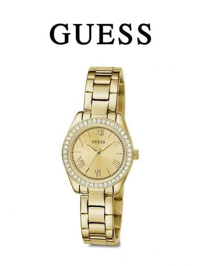 Guess Mini Luna Series, Golden Stainless Steel Strap, Pearl Dial In Champagne Gold, Crystal Decorated, Wrist Accessory, Daily & Date Night Gift, Ladies' Gold Watch, Gift For Mother Or Girlfriend, Women's Fashion Watch GW0841L7