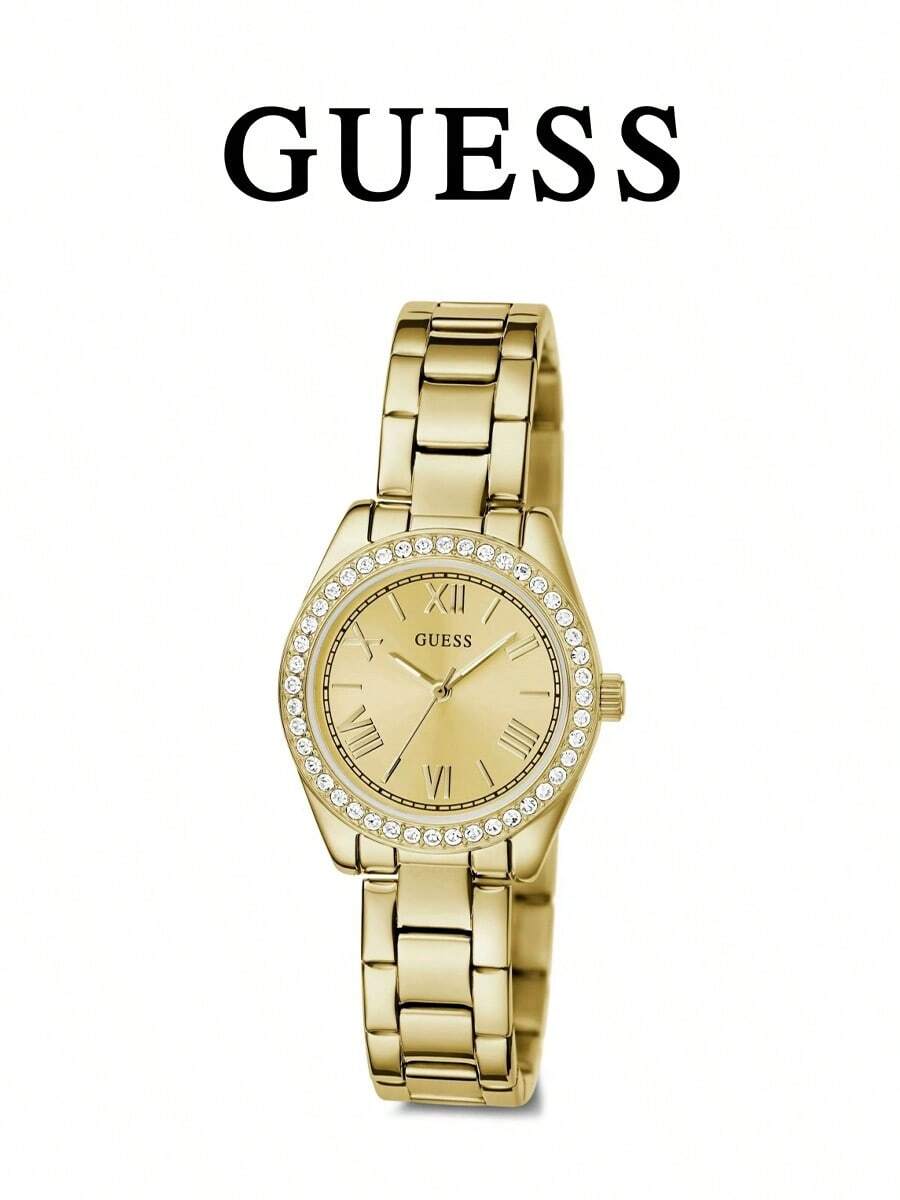 Guess Seria Mini Luna, curea aurie din oțel inoxidabil, cadran perlat auriu-șampanie, decorat cu cristale, accesoriu pentru încheietura mâinii, cadou de zi cu zi și pentru o seară romantică, ceas de damă auriu, cadou pentru mamă sau iubită, ceas de damă la modă GW0841L7 - Aur - Vizualizare 1