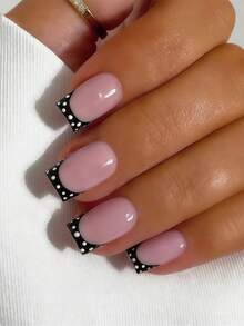 24pcs Black & White Polka Dot French Style Short Square Disposable Fake Nails, Includes 1 Adhesive Sticker And 1 Mini Nail File, Suitable For Women And Girls, Random Delivery - Black - View 4