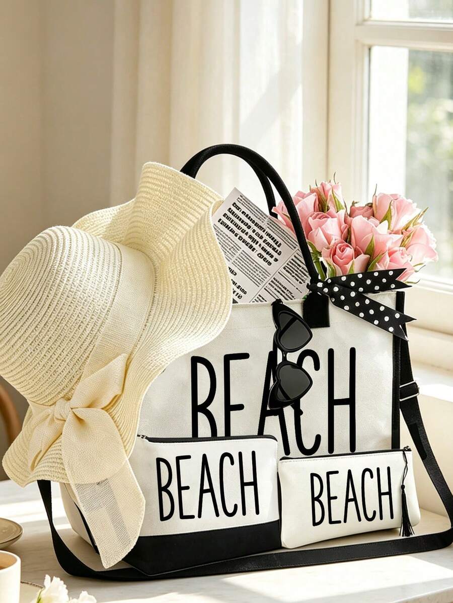 The Beach Tote Bag Set, Unique "Beach"Design, Simple Large-Capacity Shoulder Bag With A Portable Cosmetic Bag - Multicolor - View 1