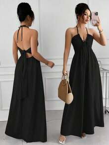 Vestido con cuello halter, espalda anudada y diseño calado acampanado - Negro - Ver 7