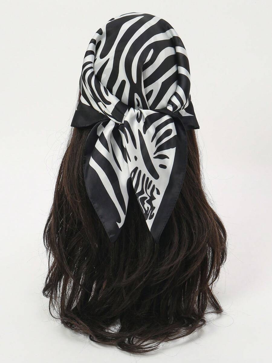 1pc Bandana Scarf With Zebra Print, Silky Fabric Neckerchief Headband, Fashion Accessory For Women, Suitable For Daily Use, Beach Towel - Multicolor - View 1