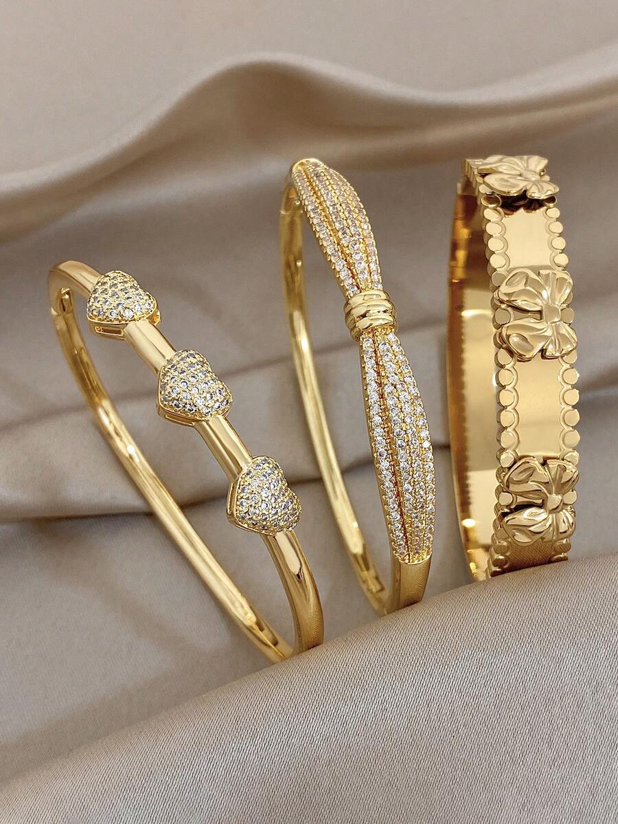 Elegant Luxury Zirconia Heart Bangle Bracelet Sets For Women Charm Bow Golden Thin Bangle Bracelet For Party Vacation Festival Mother Day Valentine Christmas Jewelry Gifts - Multicolor - View 1