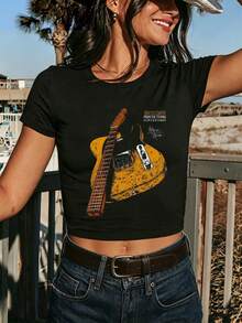 KindsCare 180G Pure Cotton T-Shirt Classic Rock Style With Vintage Fender Stratocaster Guitar Print From The Tv Show Design Perfect For Music Lovers And Casual Wear Suitable For Kids And Teens Unisex Fit Ideal For Summer Events And Holidays - màu đen - Xem 1