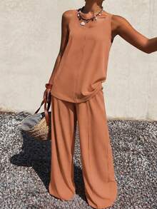 Women's Sleeveless Vest, High Waist Straight Wide Leg Trousers, Two Piece Set - Màu be - Xem 3