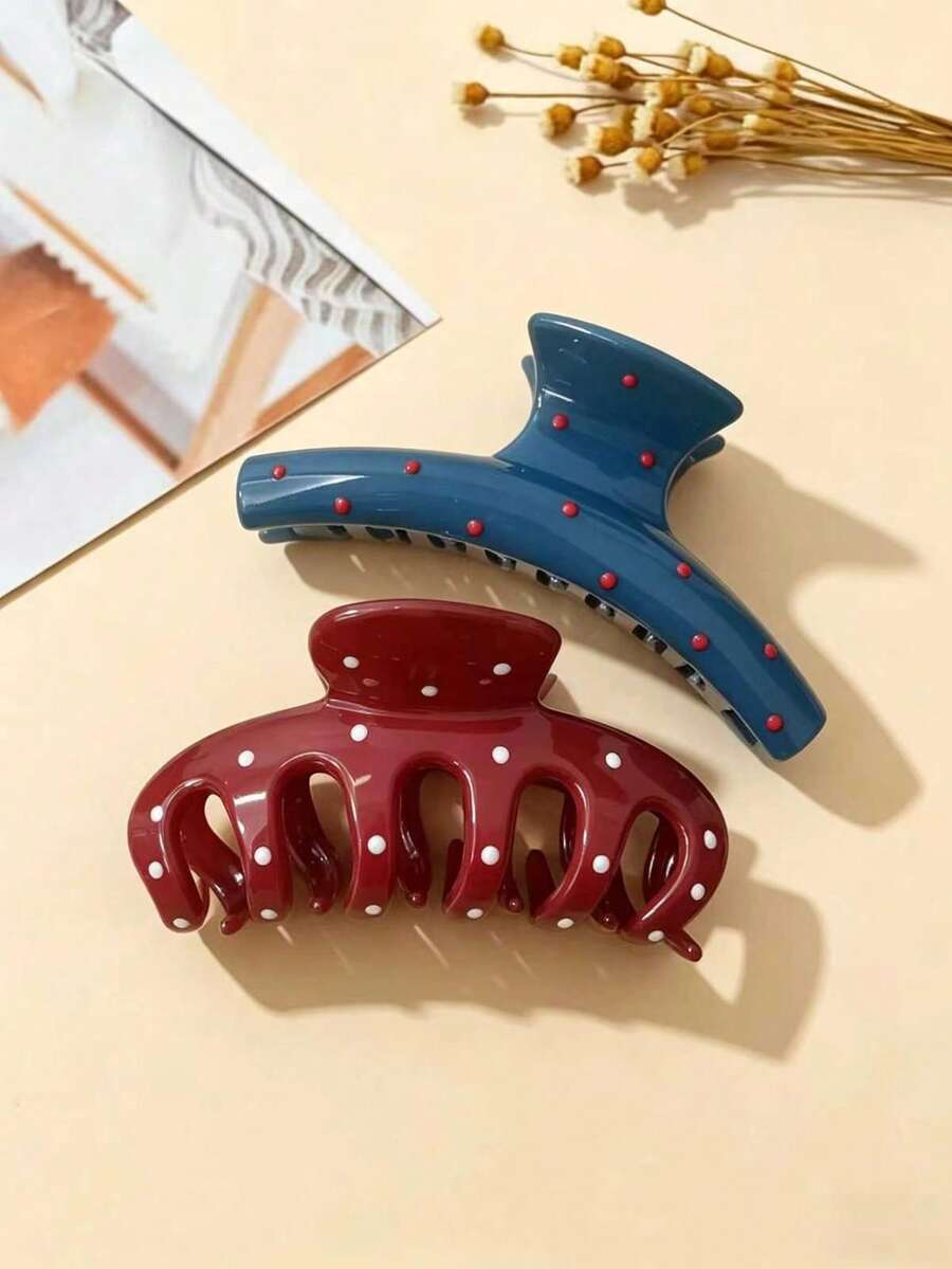 Bộ 2 kẹp tóc chấm bi, kẹp tóc lớn chống trượt, kẹp hàm chắc chắn cho tóc dày, màu đỏ và xanh cổ điển. - Nhiều màu - Xem 1