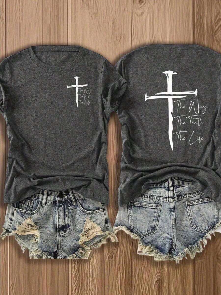 Camiseta gráfica de mujer estilo occidental de los 90| Camiseta negra de cuello redondo de manga corta casual con diseño de calavera de vaca y "ANY MAN OF MINE", mezcla ligera de poliéster para vacaciones o atuendo casual, unisex - Gris Oscuro - Ver 1