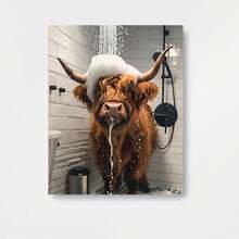 Cuadro 2D plano, 2D plano, 1 pieza de arte en lienzo sin marco con una vaca de las Highlands – una atractiva adición a la decoración rústica de la casa de campo, ideal para crear un ambiente de baño caprichoso. Con una medida de 12.0X16.0 pulgadas, se adapta a interiores de hogares de estilo moderno y campestre - Enmarcado - Ver 1