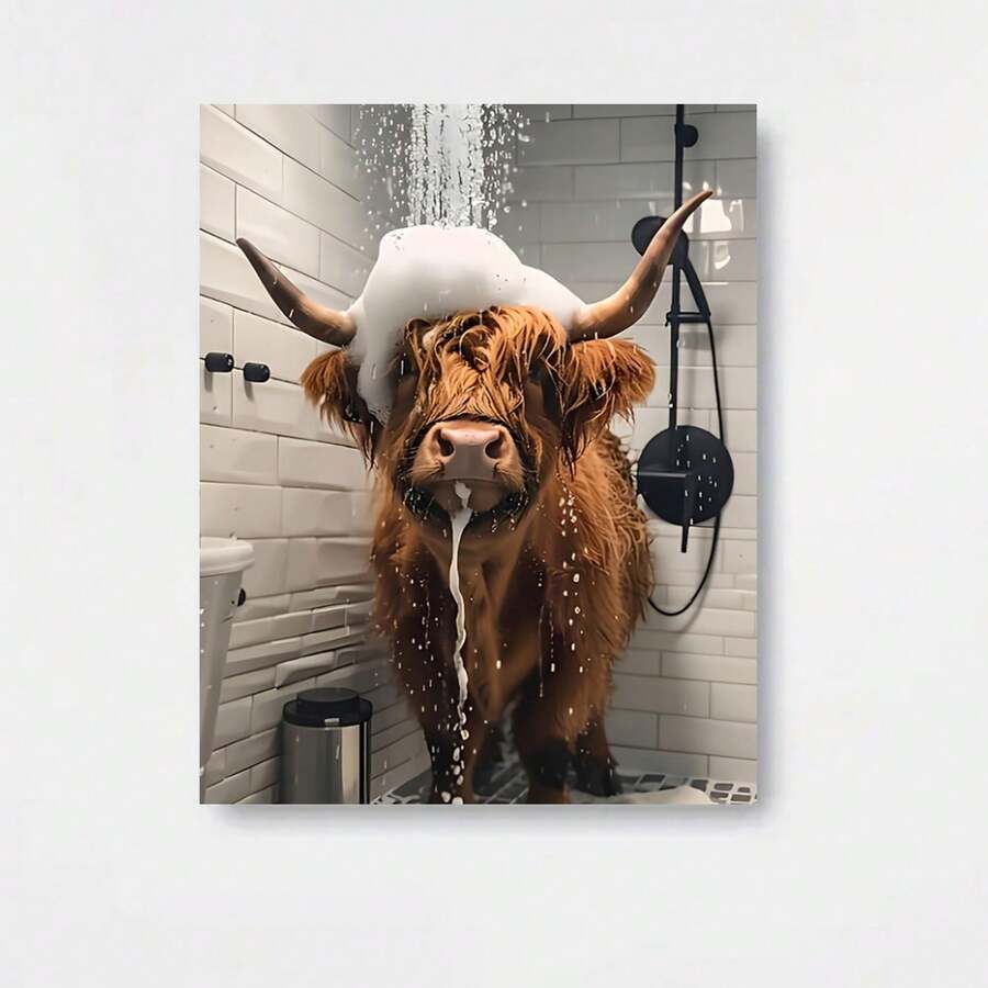 Cuadro 2D plano, 2D plano, 1 pieza de arte en lienzo sin marco con una vaca de las Highlands – una atractiva adición a la decoración rústica de la casa de campo, ideal para crear un ambiente de baño caprichoso. Con una medida de 12.0X16.0 pulgadas, se adapta a interiores de hogares de estilo moderno y campestre - Enmarcado - Ver 1