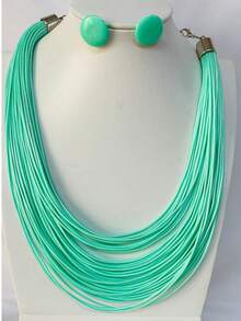 Maxi Waxed Multi-Strand Necklace Set With Button Earrings - 藍色 5 - 查看 2