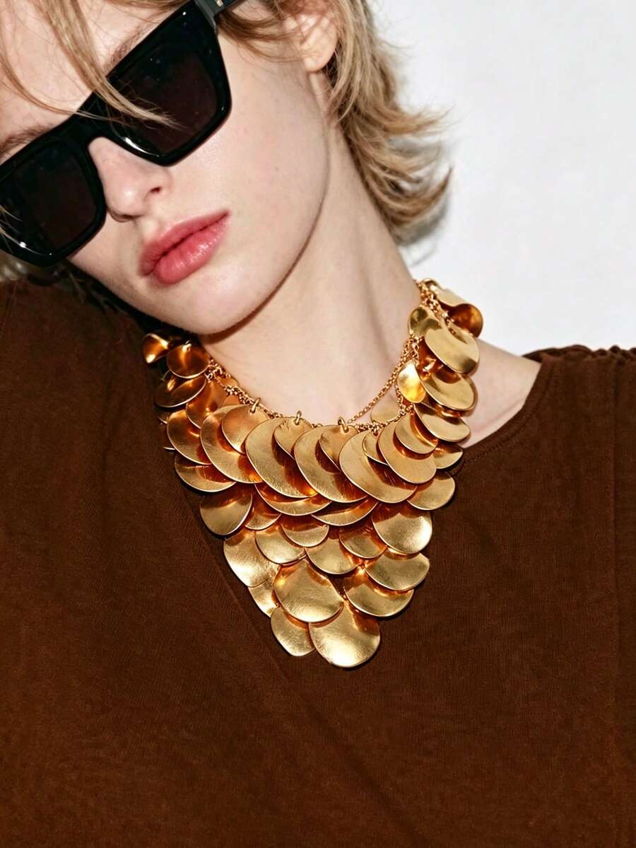 Dây chuyền yếm tròn không đều ZAA, dây chuyền tua rua kim loại nhiều lớp kiểu thác nước cổ điển và thời trang, dây chuyền dài dệt thủ công kiểu retro châu Âu và Mỹ. - Nhiều màu - Xem 1