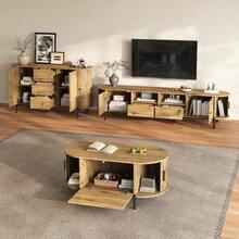 3-Piece Living Room Set, Coffee Table, TV Stand, Sideboard, Sliding Doors, Rattan Look, Wood Look, Metal Legs, Storage Space. - 自然色 - 查看 4