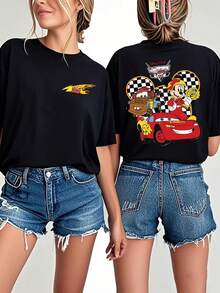 Disney Women's T-Shirt-Car Story Design Short Sleeve Crew Neck Casual Top For Spring And Summer, Soft And Breathable Fabric For Themed Events And Casual Attire - màu đen - Xem 6