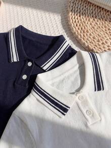 2 Stücke/Set Jungen Schul-Stil Farbblock gestreifter Polokragen Kurzarm Strickpullover, leichter Pullover geeignet für Schule, Frühling, Sommer, Herbst - marineblau - Übersicht 4