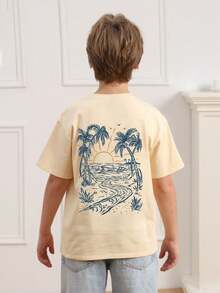 Tween Boy Palm Tree Print T-Shirt, Soft And Comfortable Fabric, Suitable For Boys Outdoor Sports, Casual Wear, Street Style, Campus Style, Fashionable Tween Boys Spring/Summer Casual Versatile Top - Apricot - View 3