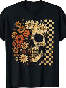 Retro Aesthetic Design T-Shirt With Floral And Skull Design - 黑色 - 查看 8