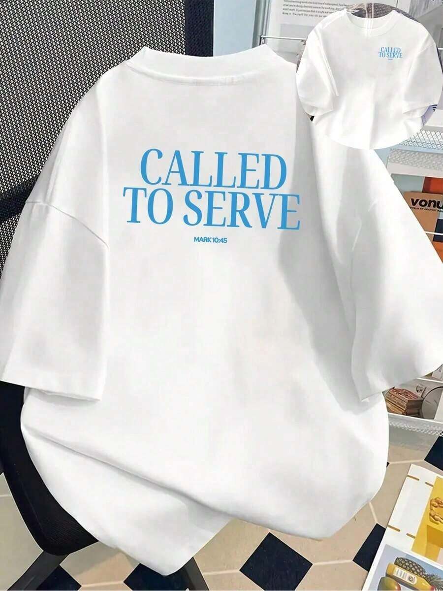 Free Delivery, Women's Casual Round Neck Printed Top, Front And Back Pattern, Summer Essential, "Called To Serve" Print, Mark 10:45 - Women's Clothing, Comfortable Fit, Classic Design 2026 - Cute Clothing, 100% Cotton, 90s Style Women's Shirt. - White - View 1