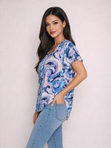 Blusa dama elegante moderna casual sexy oficina uso diario primavera verano ligera comoda escote v manga corta ajuste favorecedor - Azul - Ver 3