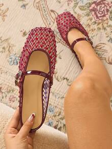 2026 New Plus Size Rhinestone Decor Buckle Slip-On Sandals, Gold Square Toe Flat Casual Breathable Fishnet Vamp Slip-On Sandals For Women, Summer - Burgundy - View 7