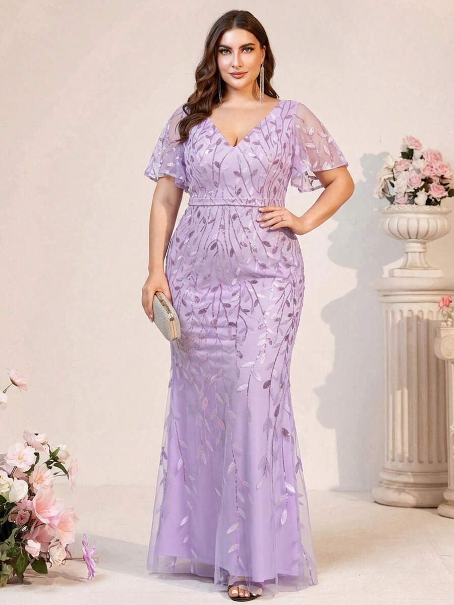 EVERPRETTY Đầm dạ hội cỡ lớn đính sequin, cổ chữ V, viền bèo nhún, thích hợp cho tiệc tùng, đám cưới, mùa xuân. - Màu Lilac Tím - Xem 1