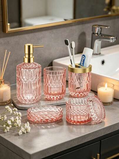 5-Piece Pink Glass Bathroom Set, Spa-Style Vanity Organizer With Soap Dispenser, Soap Dish, Tumbler & Cotton Swab Jar, Elegant Bathroom Decor For Home Or Gift