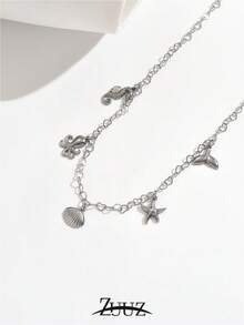 1pc Ocean Style Fashion Stainless Steel Multiple Pendants Necklace For Women Fish Tail Seahorse Octopus Shell Starfish Pendant Necklace Female Jewelry For Daily Decoration - necklace - View 3
