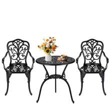 Techigher Bistroset 3-teilig, Bistrotisch mit 2 Stühle & Schirmloch, Aluminiumguss Gartenmöbel Set, Balkonmöbel Set für Garten, Terrasse, Balkon, Schwarz - Schwarz - Übersicht 10