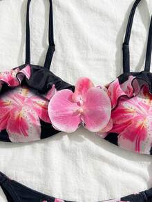 3件套女士印花优雅性感露背系带3D花朵裙比基尼套装，适合海滩度假穿着，春夏假期 - 黑色粉花 - 查看 5