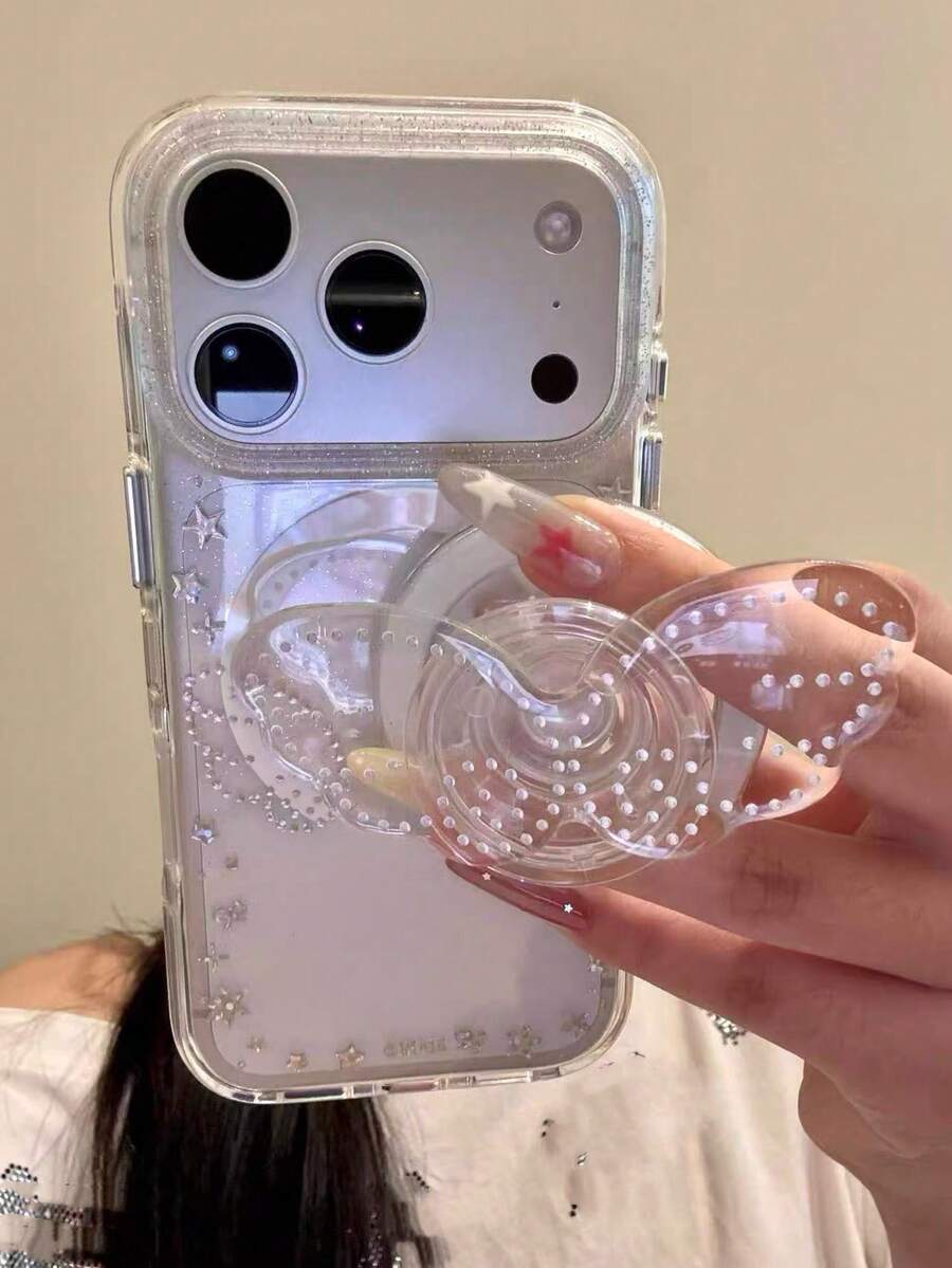 INS风格星形图案16 Pro手机壳,磨砂15 Pro/13大孔磁吸透明手机壳,新款14天使翅膀12亚克力苹果保护壳,防摔 - 無色 - 查看 1