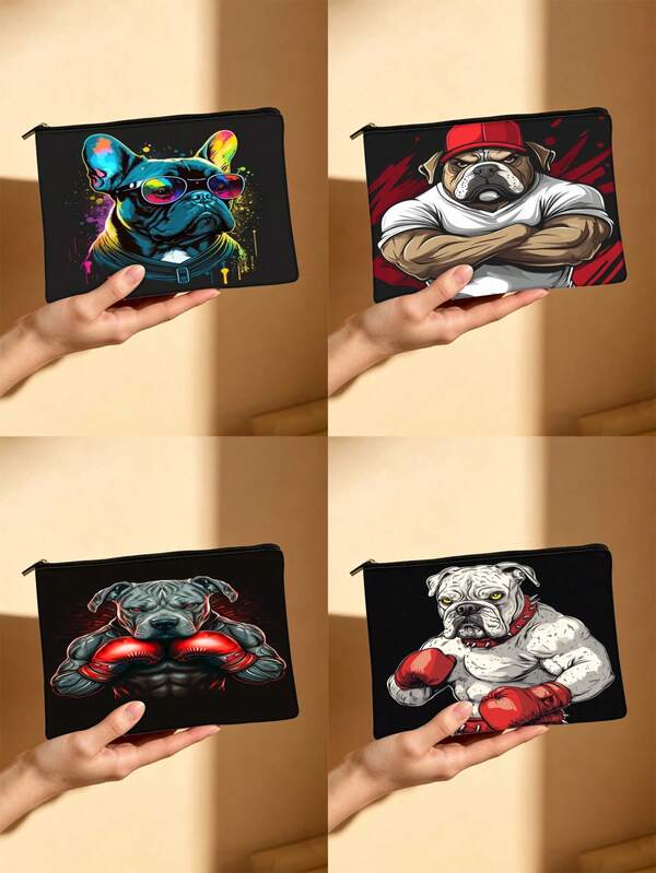 Bộ túi đựng mỹ phẩm in hình chó Bulldog, 4 kiểu dáng nhiều màu sắc với họa tiết chó Bulldog Pháp/Chó Boxing Pitbull/Chó cơ bắp, túi đựng đồ trang điểm du lịch tiện dụng dành cho người yêu chó.