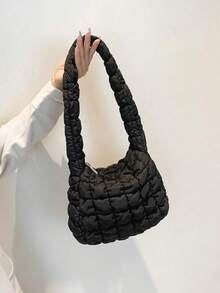New Plaid Bow Drawstring Cloud Pleated Shoulder Bag Crossbody Bag Women - Black 2 - View 2