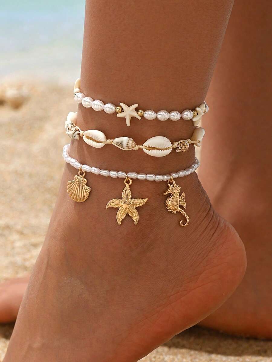 3pcs/Set Boho Style Handmade Woven Shell Anklet With Faux Pearl & Starfish, Multi-Layer Alloy Beaded Anklet For Daily Wear, Beach, Party, Music Festival - Multicolor - View 1