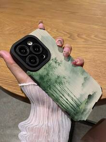 1件中国风水墨竹林山水图案竖纹高端仿皮防摔防指纹防震手机壳，适合作为生日/节日礼物送给朋友、家人、情侣，兼容苹果及其他型号手机。 - 彩色 - 查看 5