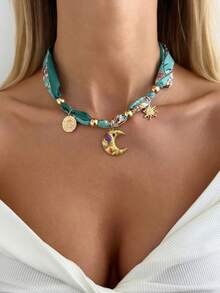 1 pièce Collier pendentif en métal avec breloque d'écharpe imprimée de lune et de soleil vintage bohème. Élégant, décontracté, minimaliste, style de rue, pour mariage, fête, festival, anniversaire, cadeau pour petite amie. Collier polyvalent et à la mode pour femmes. - collier - Voir 9