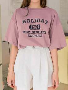Oversized Summer T-Shirt With Letter Graphic And Dropped Shoulders - Old Rose - View 8