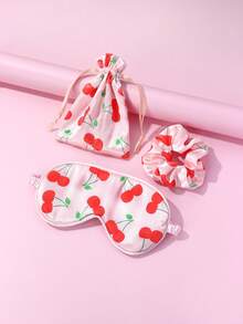 1pc Hair Scrunchie, 1pc Eye Mask, 1pc Storage Bag, Polyester Fabric Strawberry Pattern Print, Cute Hair Accessory Set For Daily Use - Red - View 7