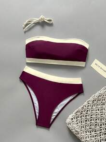 New Fashionable Sexy Solid Color Detachable Strap Bandeau Bikini Swimwear For Women, Suitable For Beach, Pool Party, Vacation Summer - Burgundy - View 2