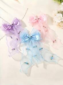 1pc Girls' Multicolor Mesh Bow Ribbon Pearl Hair Clip Hair Accessory - Multicolor - View 2