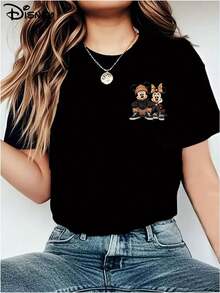 Disney Women's T-Shirt Mickey And Minnie Mouse  Outfit Print Soft And Stretchy Casual Short-Sleeved Top, Fashionable Short-Sleeved Round-Neck T-Shirt, Breathable And Lightweight, Fashionable And , For Women. - Black - View 2